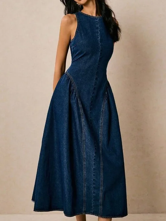 Dark Wash Casual Women's Sleeveless Flared Denim Dress - Picture 7 of 7